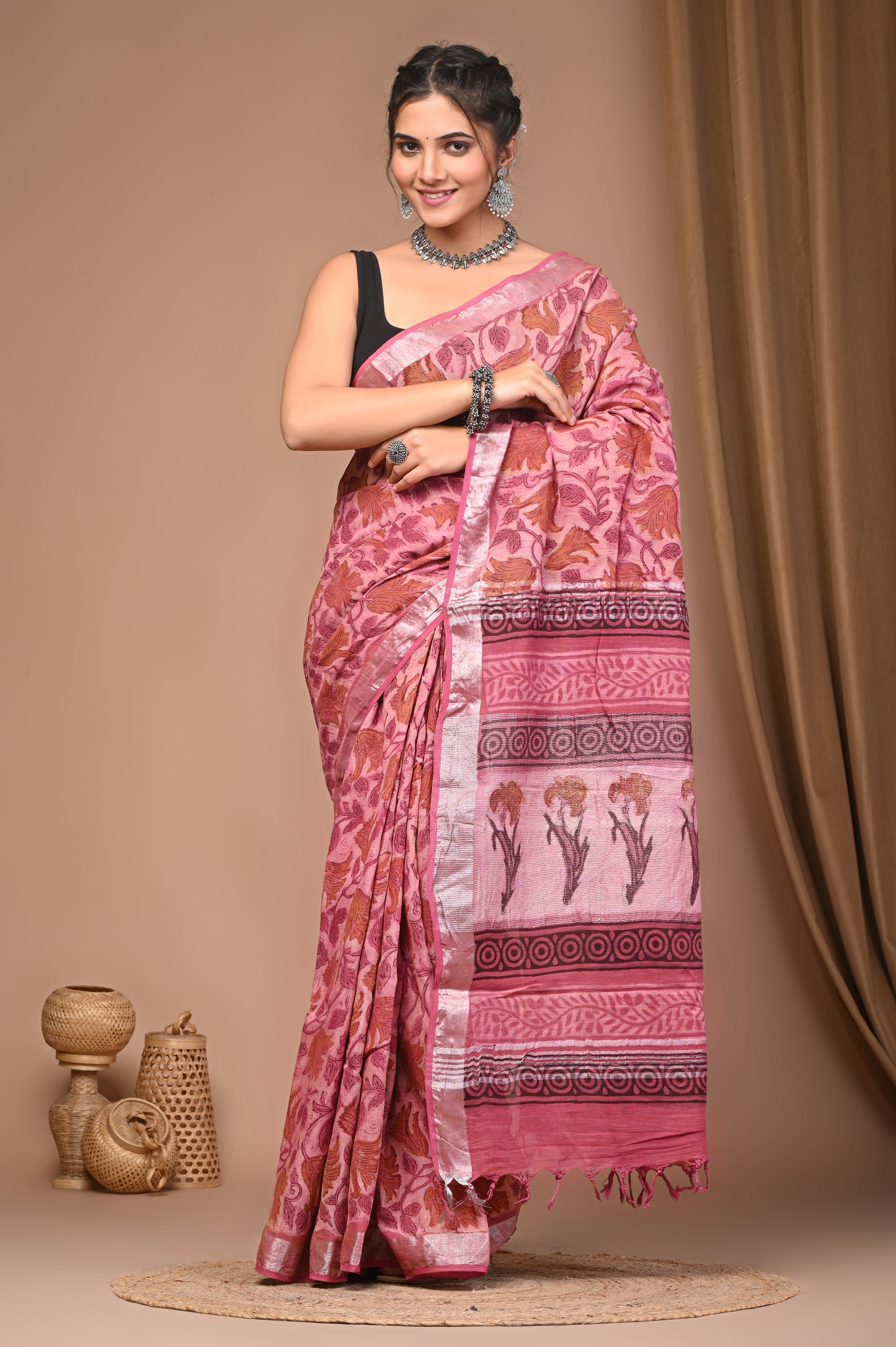 Vanaspati Ajrakh Prints Linen Saree
