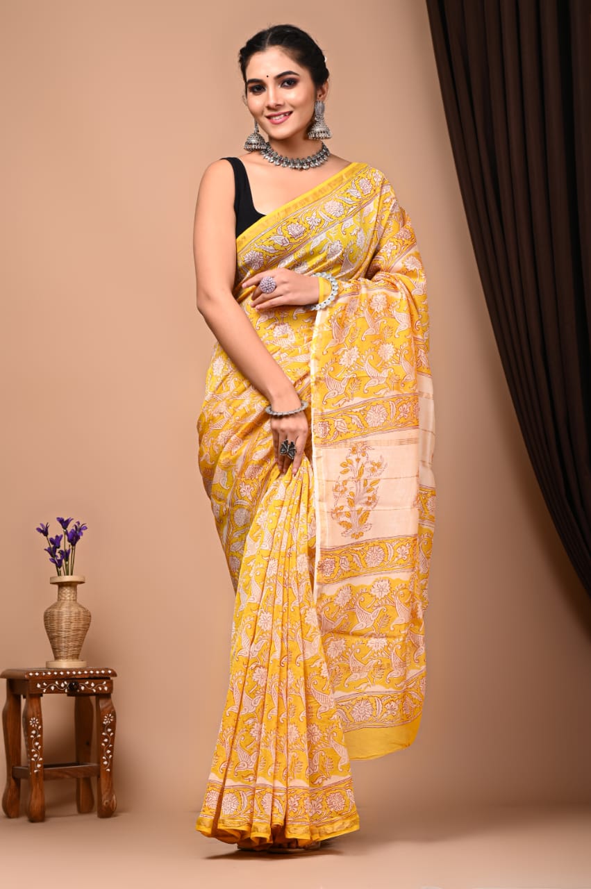 Bagru Handblock prints Chanderi Silk Saree