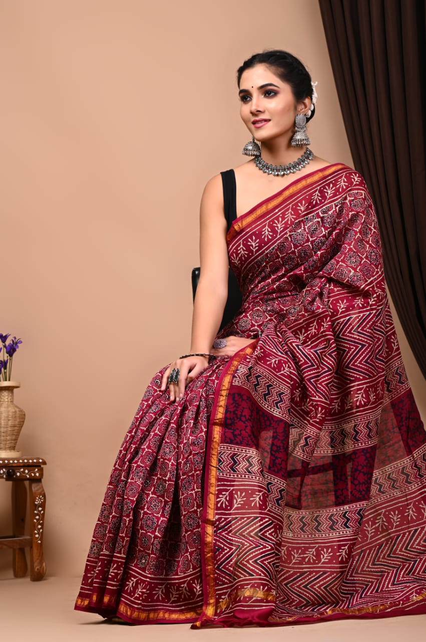 Bagru Handblock Prints Chanderi Silk Saree