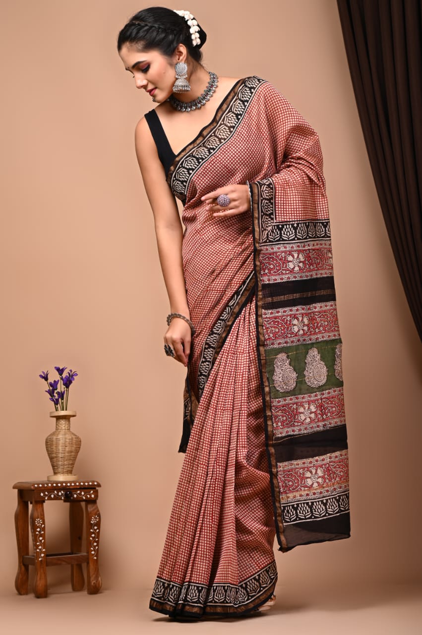 Bagru Handblock Prints Chanderi Silk Sari