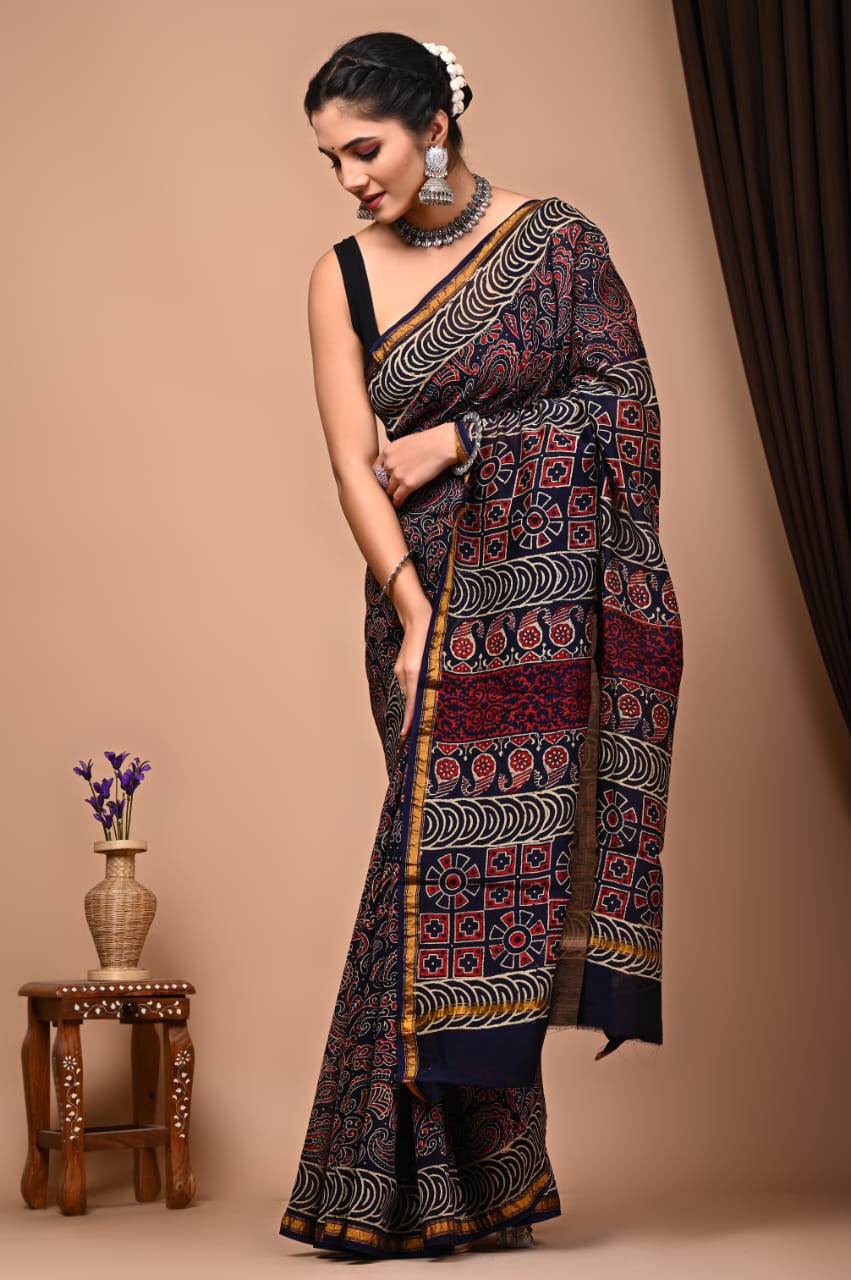 Bagru Handblock Prints Chanderi Silk Sari