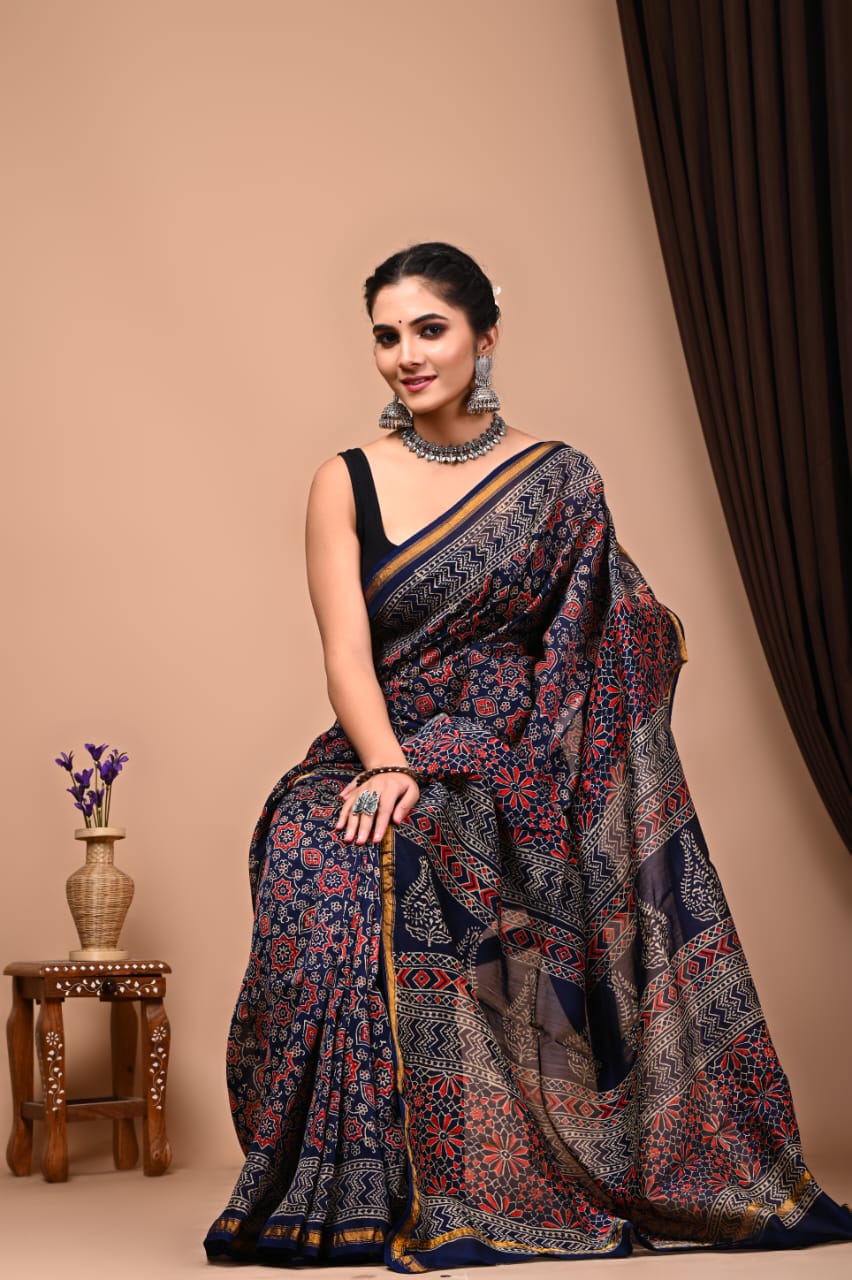 Bagru Handblock Prints Chanderi Silk Sari