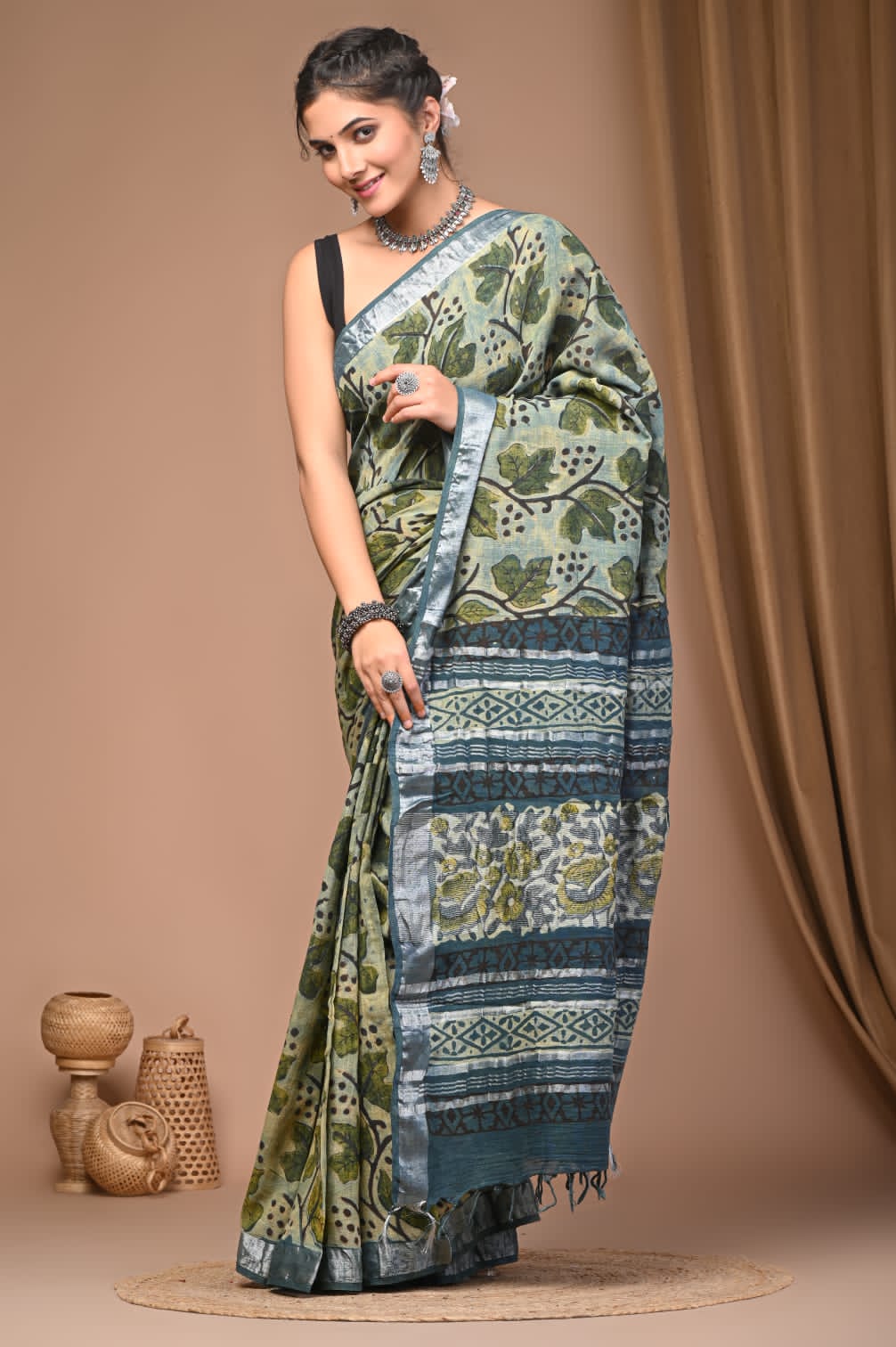 Vanaspati Ajrakh Prints Linen Saree
