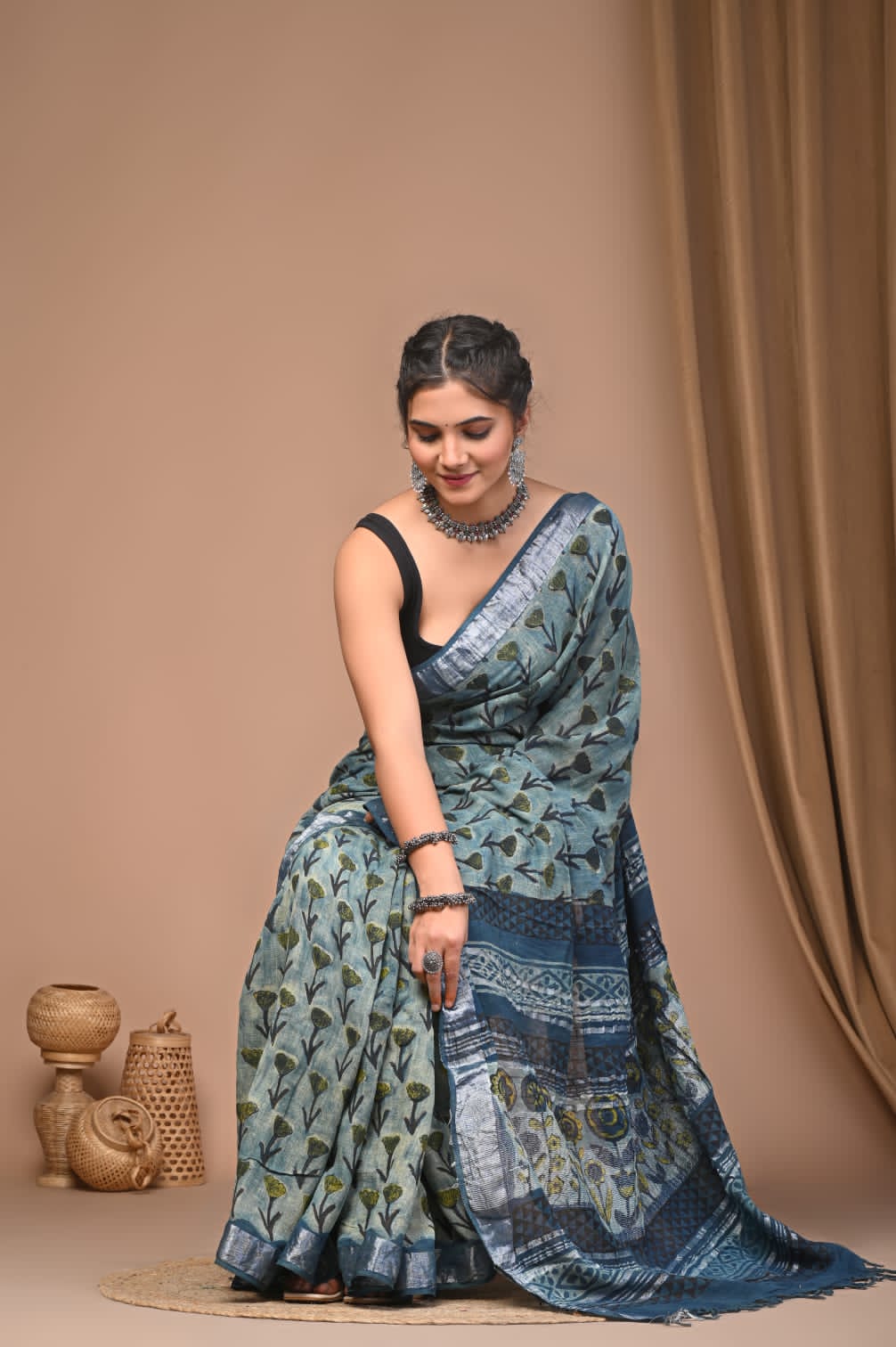 Vanaspati Ajrakh Prints Linen Saree