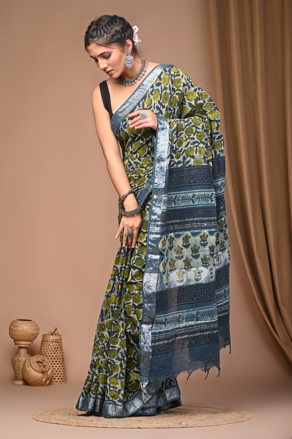Vanaspati Ajrakh Prints Linen Saree