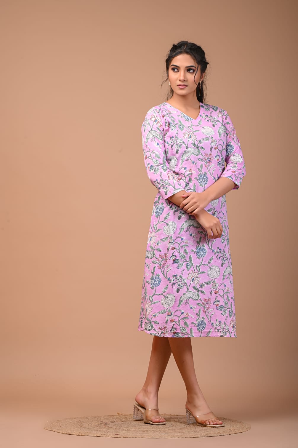 Hand Blocks Floral Printed MIDI Dress