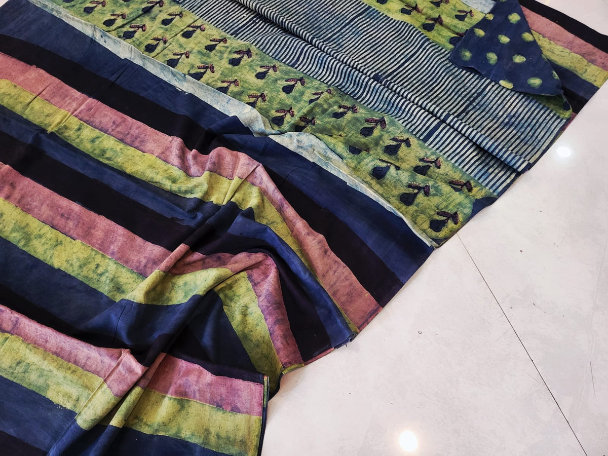 Nashpal dyes Ajrakh Prints Pure Mul Cotton sarees