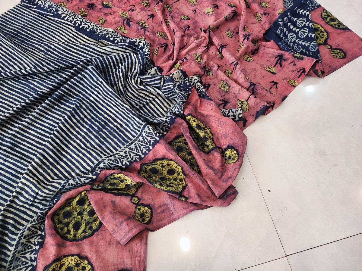 Nashpal dyes Ajrakh Prints Pure Mul Cotton sarees