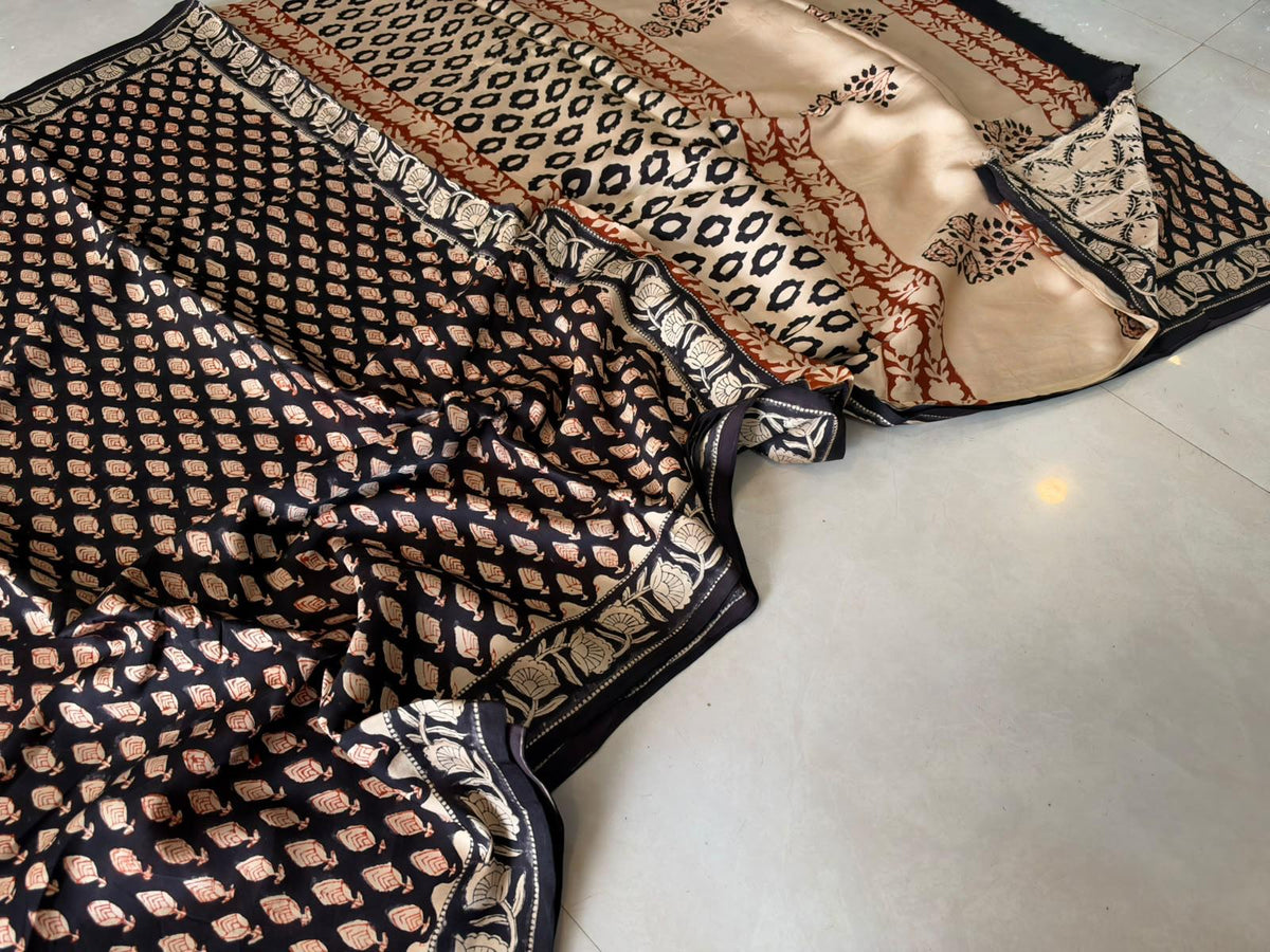 Exclusive Vanaspati Hand Blocks prints Modal Silk Saree