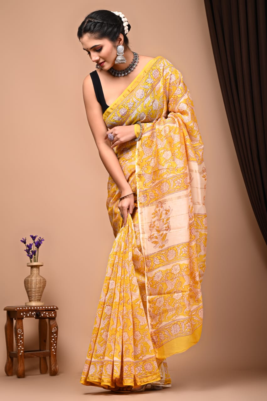 Bagru Handblock prints Chanderi Silk Saree