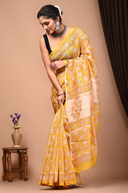 Bagru Handblock prints Chanderi Silk Saree