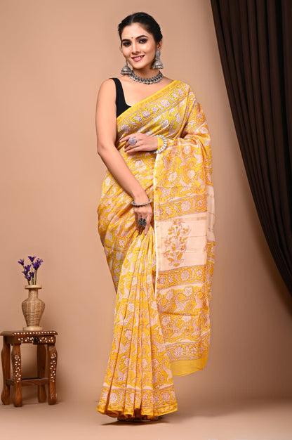 Bagru Handblock prints Chanderi Silk Saree