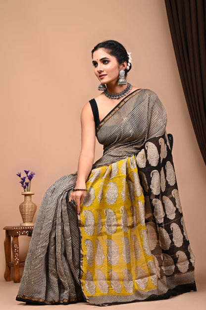 Bagru Handblock Prints Chanderi Silk Saree