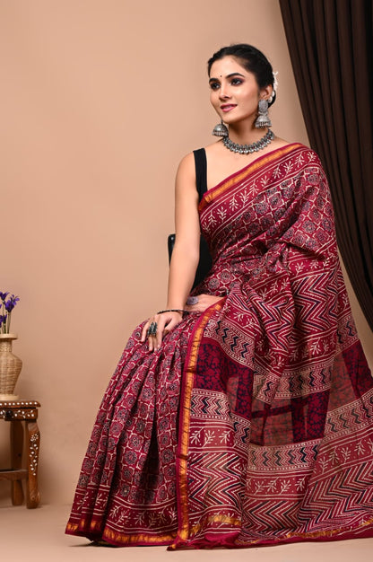 Bagru Handblock Prints Chanderi Silk Saree