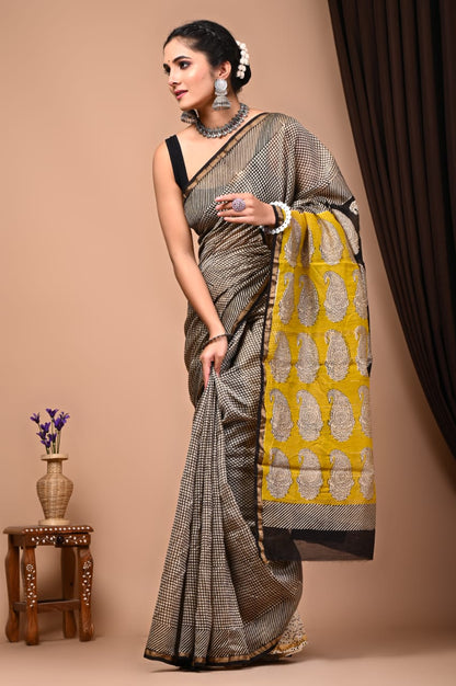 Bagru Handblock Prints Chanderi Silk Saree