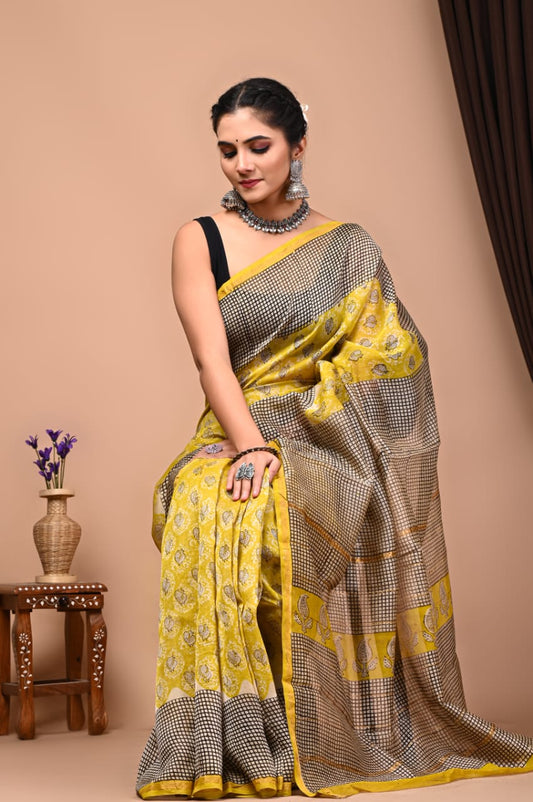 Bagru Handblock Prints Chanderi Silk Sari