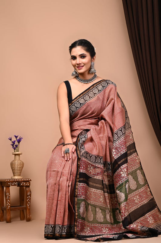 Bagru Handblock Prints Chanderi Silk Sari