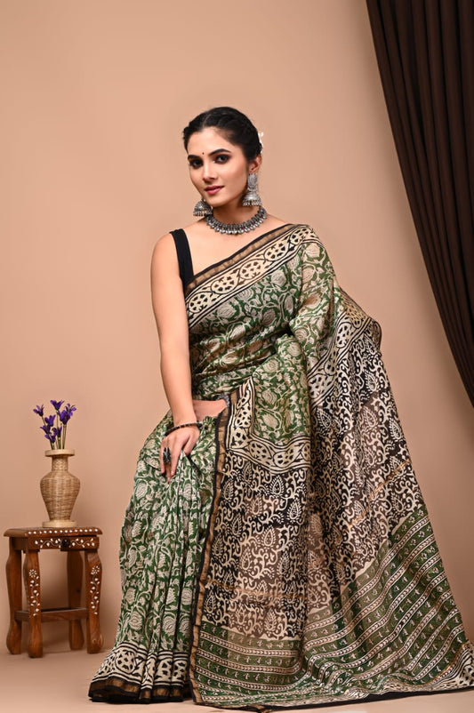 Bagru Handblock Prints Chanderi Silk Sari