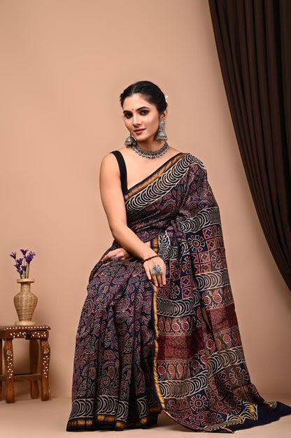 Bagru Handblock Prints Chanderi Silk Sari