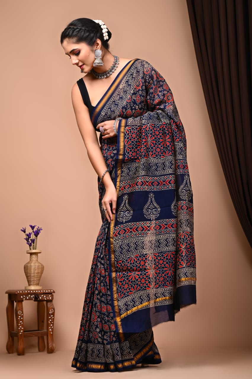 Bagru Handblock Prints Chanderi Silk Sari