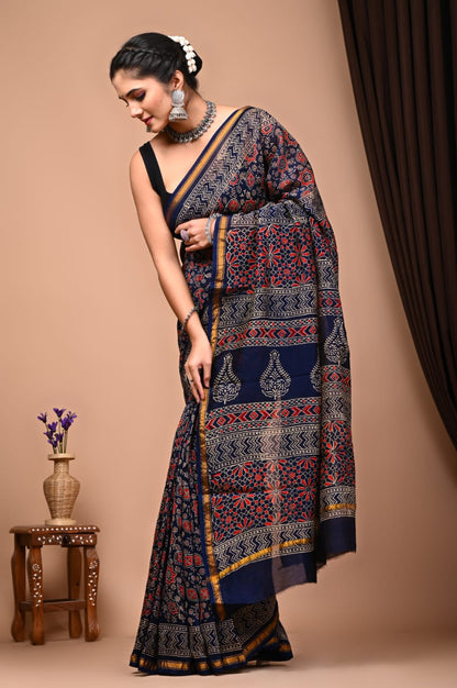 Bagru Handblock Prints Chanderi Silk Sari