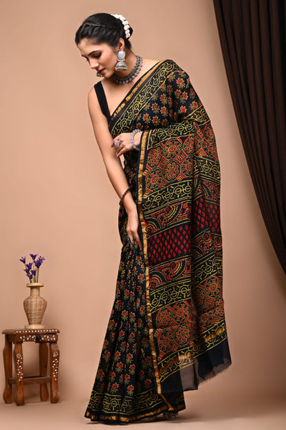 Bagru Handblock Prints Chanderi Silk Sari
