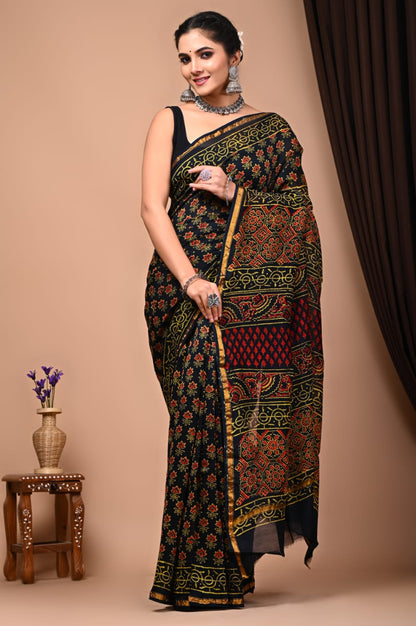 Bagru Handblock Prints Chanderi Silk Sari
