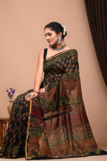 Bagru Handblock Prints Chanderi Silk Sari