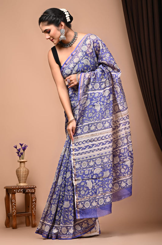 Bagru Handblock Prints Chanderi Silk Sari