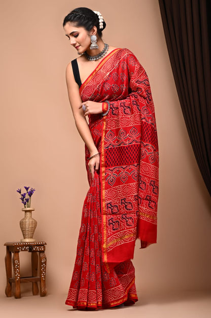 Bagru Handblock Prints Chanderi Silk Sari
