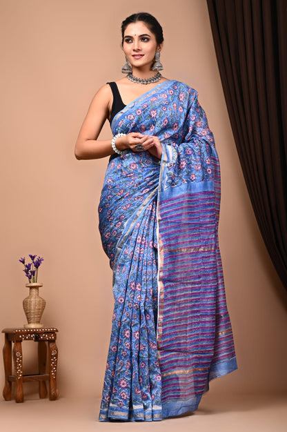 Bagru Handblock Prints Chanderi Silk Sari