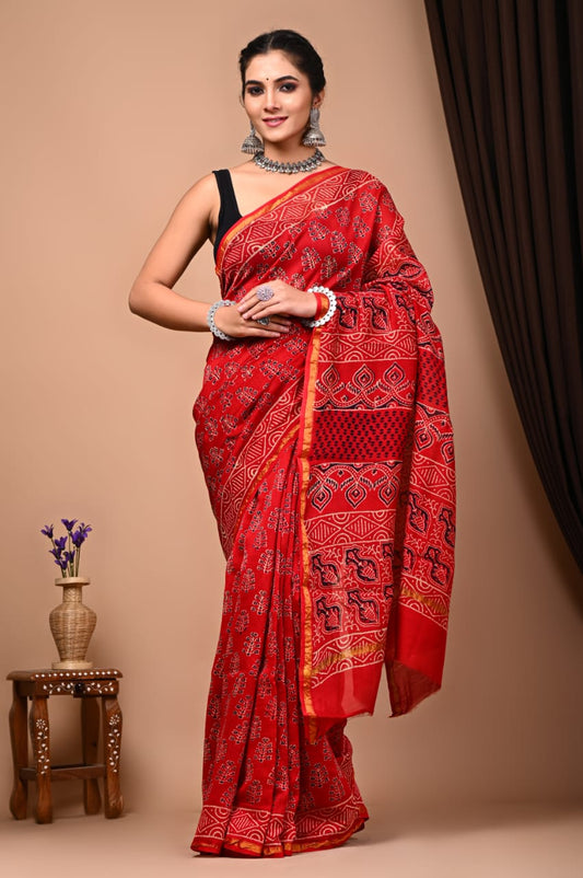 Bagru Handblock Prints Chanderi Silk Sari