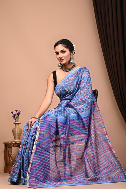 Bagru Handblock Prints Chanderi Silk Sari
