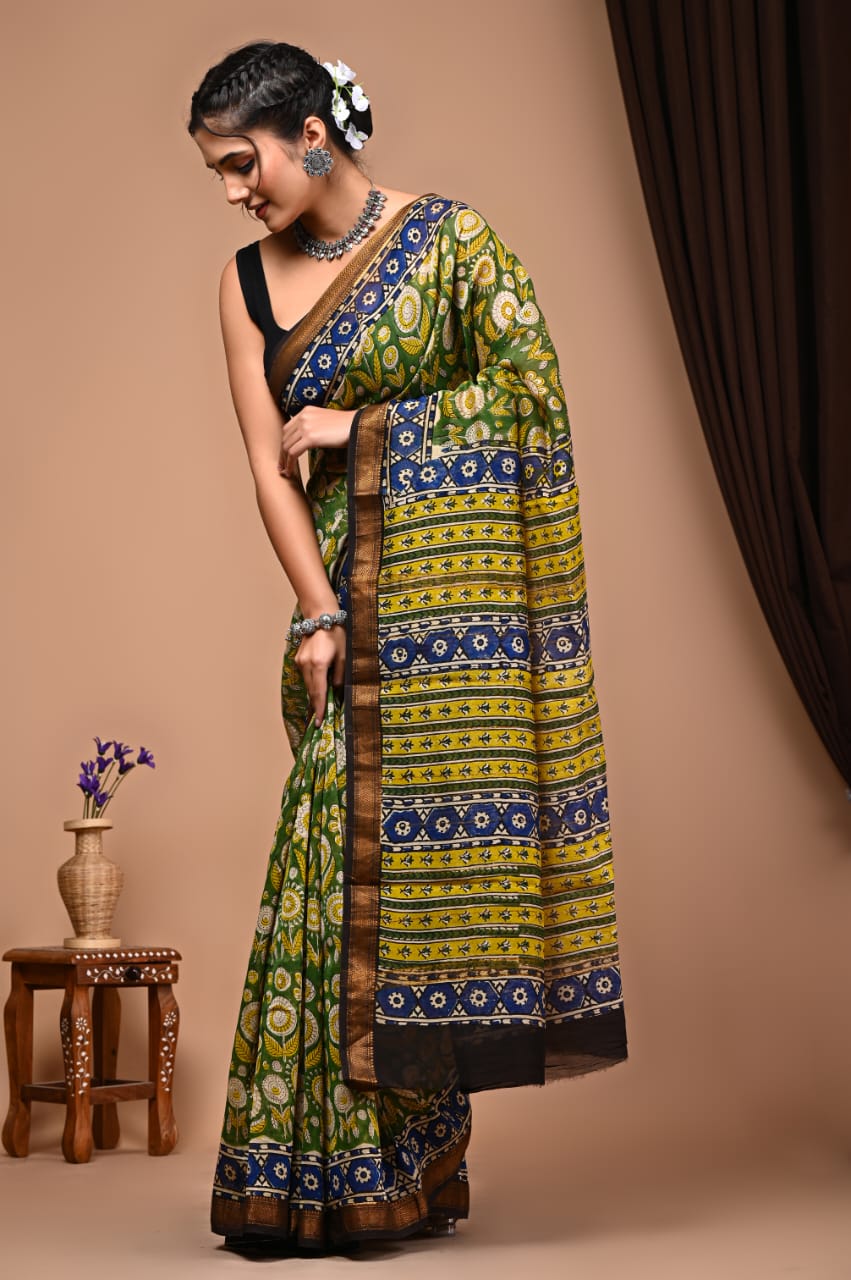 Natural Hand Blocks Prints Maheshwari Silk Sarees