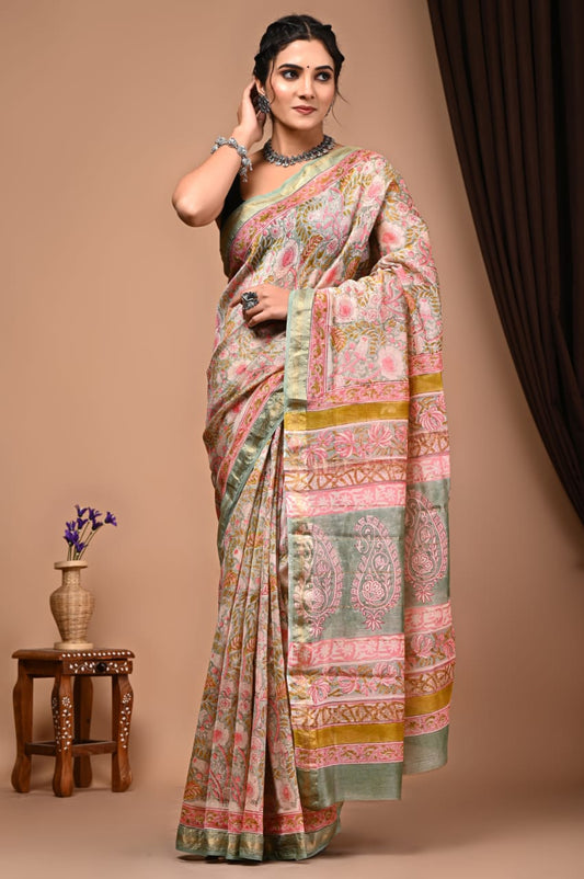 Natural Hand Blocks Prints Maheshwari Silk Sarees