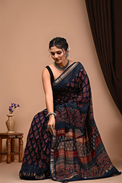 Natural Hand Blocks Prints Maheshwari Silk Sarees