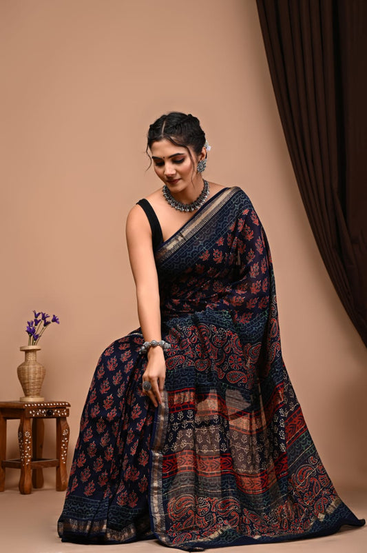 Natural Hand Blocks Prints Maheshwari Silk Sarees