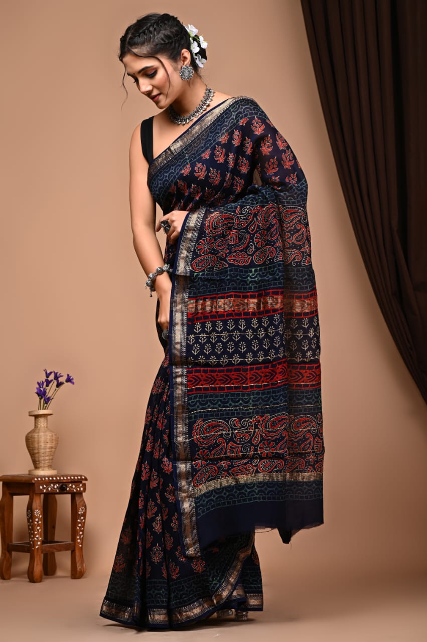 Natural Hand Blocks Prints Maheshwari Silk Sarees