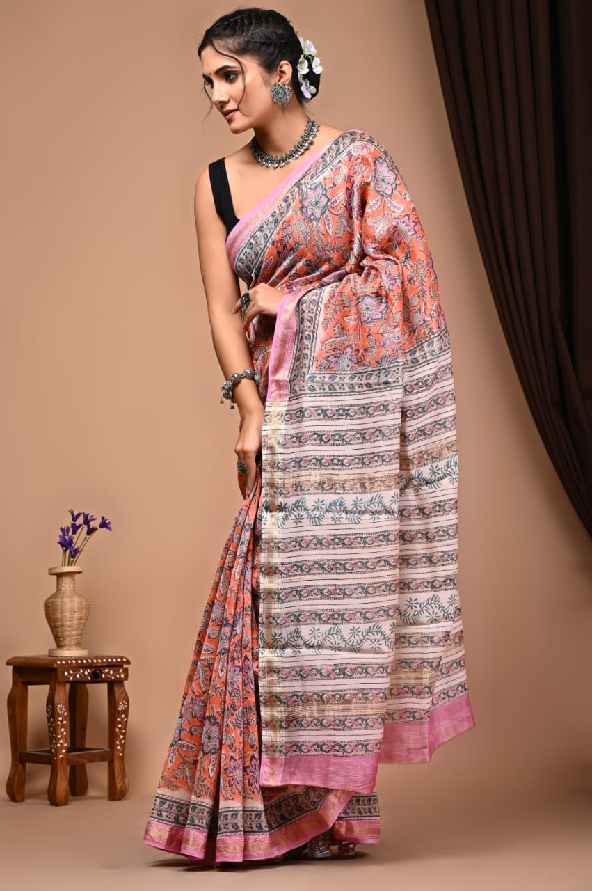 Natural Hand Blocks Prints Maheshwari Silk Sarees