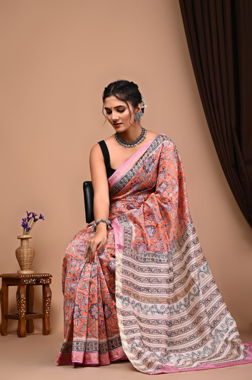 Natural Hand Blocks Prints Maheshwari Silk Sarees