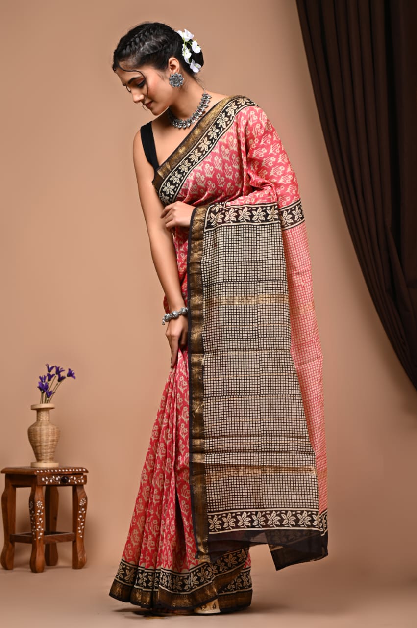 Natural Hand Blocks Prints Maheshwari Silk Sarees