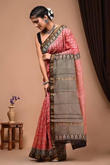 Natural Hand Blocks Prints Maheshwari Silk Sarees
