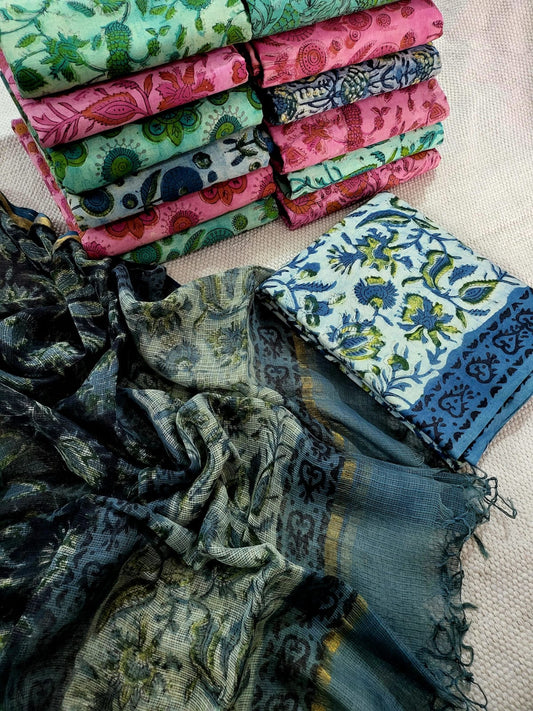 Indigo Vanaspati Ajrakh Print Kota Silk Suit sets