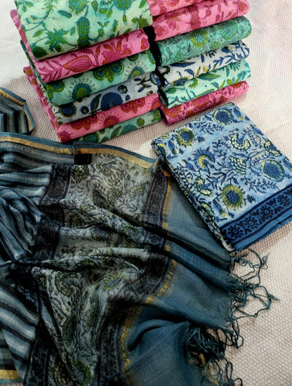 Indigo Vanaspati Ajrakh Print Kota Silk Suit sets