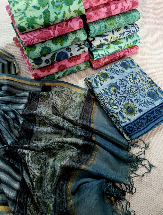 Indigo Vanaspati Ajrakh Print Kota Silk Suit sets