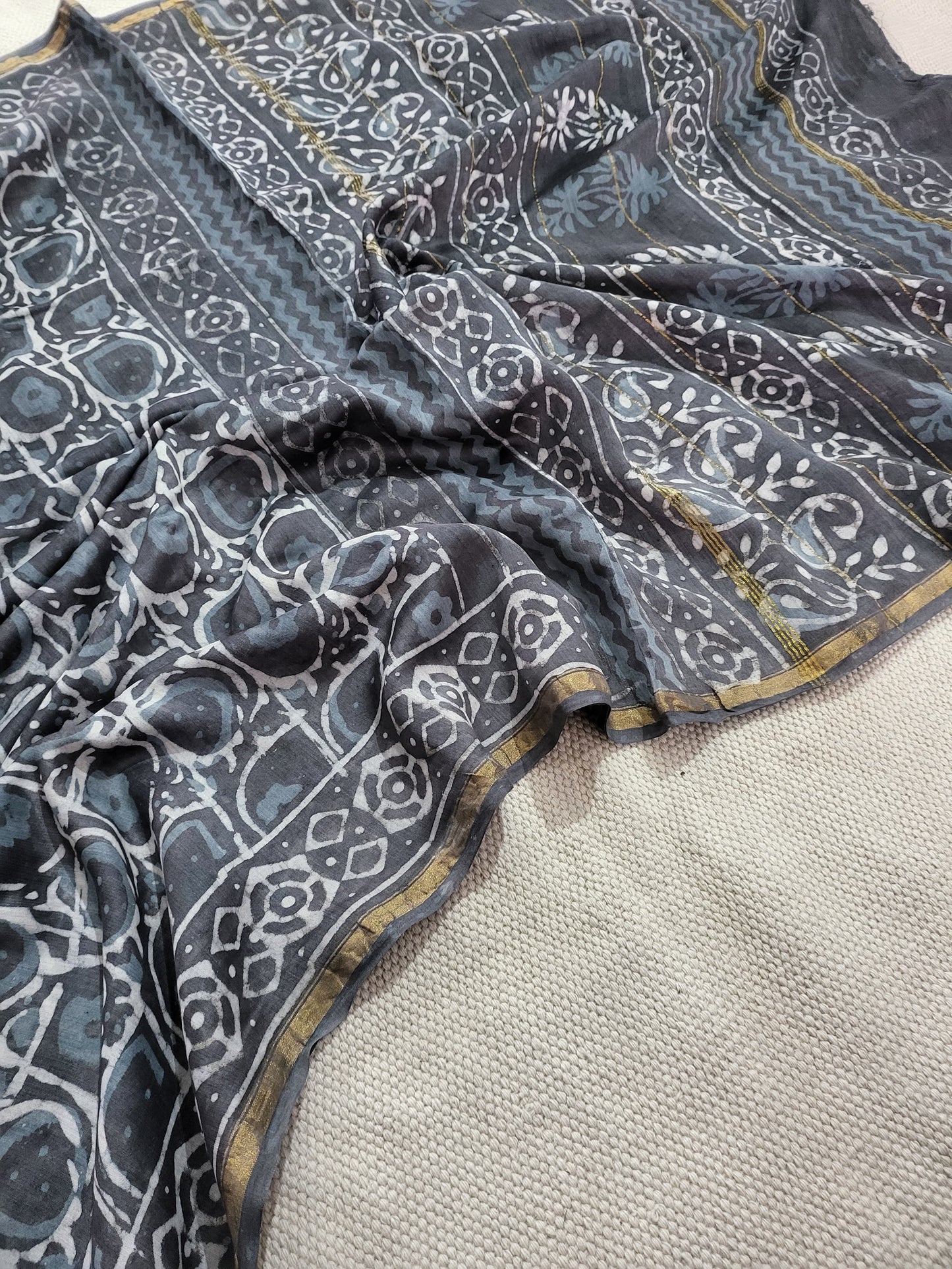 Dabu Bagru Handblock Prints Chanderi Silk Saree