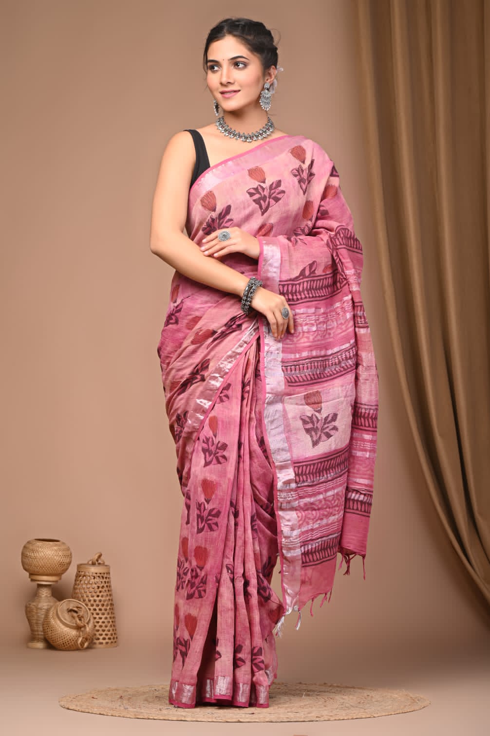 Vanaspati Ajrakh Prints Linen Saree