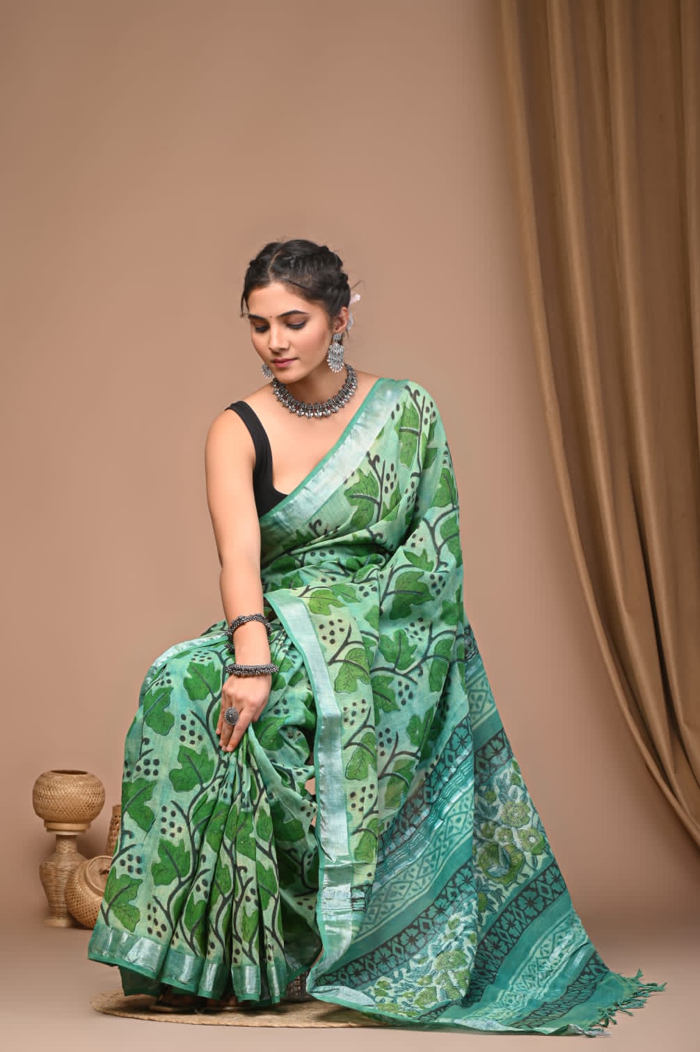 Vanaspati Ajrakh Prints Linen Saree
