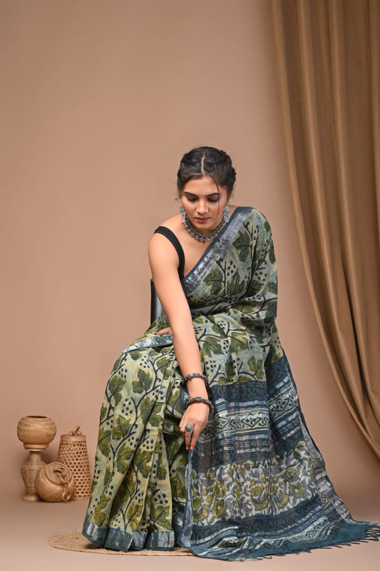 Vanaspati Ajrakh Prints Linen Saree