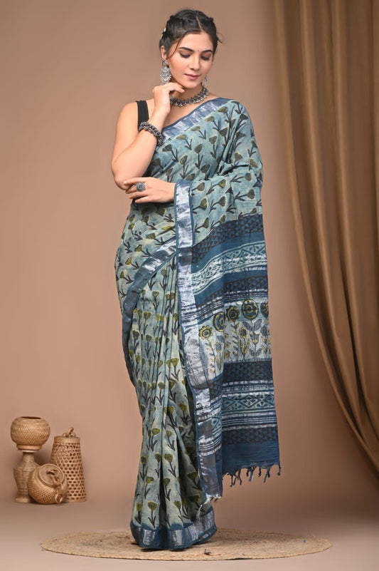 Vanaspati Ajrakh Prints Linen Saree